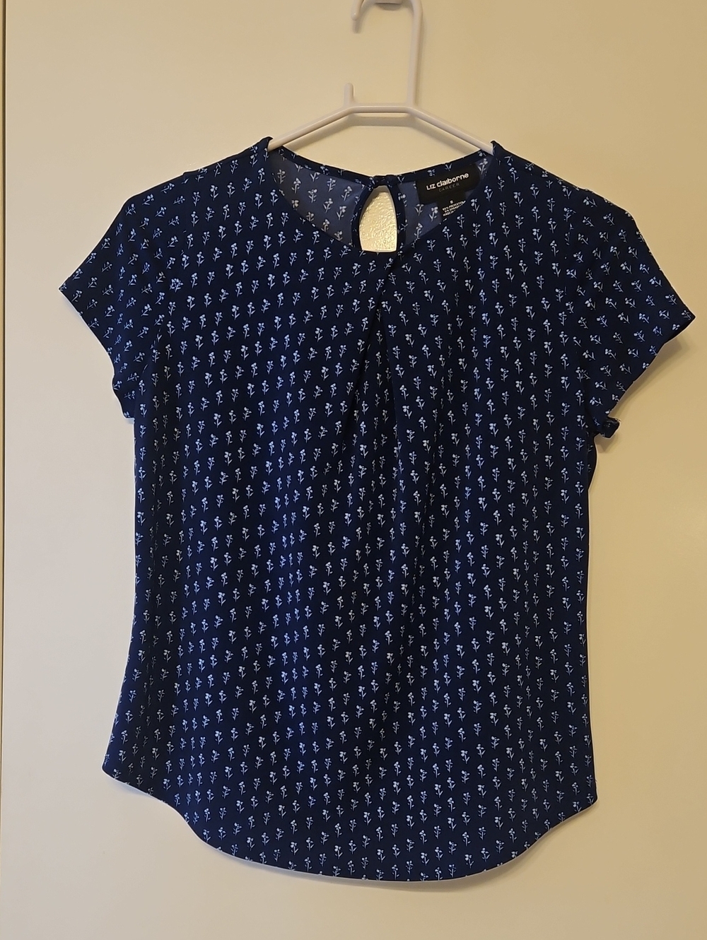 Liz Claiborne Navy Print Short-Sleeve Keyhole Blouse